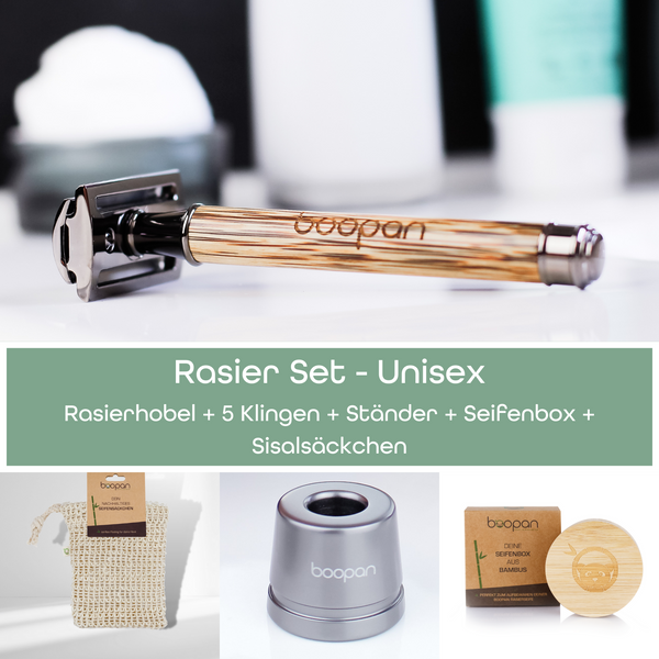 *RASIER SET* Rasierhobel  + Ständer + 5 Klingen + Seifenbox + Sisalsäckchen